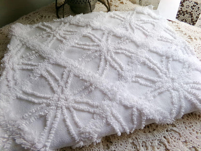 classy white chenille fabric, 3D windowpane webbing design, 20" x 25" inch piece of vintage sewing quilt material, versatile cool neutral