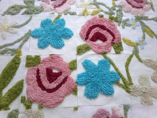 flower festival chenille fabric squares, set of 16 vintage floral 6" craft blocks, cottage designs for quilt inlays, pillows, fiber arts