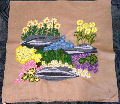 ROCK GARDEN Vintage Crewel Embroidery, FINISHED Boho Style Stitchery, Paragon Needlecraft #0215, Retro Floral Design by Barbara Sparre