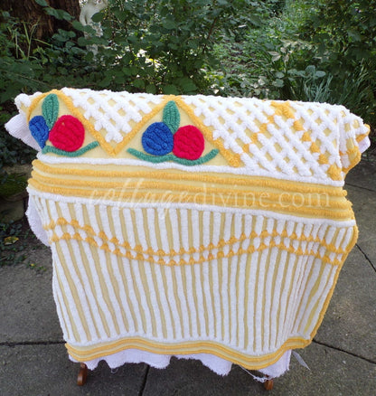 Happy Vintage Chenille Fabric, Red & Blue Rosettes on Yellow Geometric, 29" x 30" inch piece