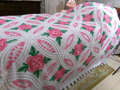 princess pink rose vintage chenille bedspread, cabbage roses on white with pom pom trim, 100% cotton full size cottage bedding