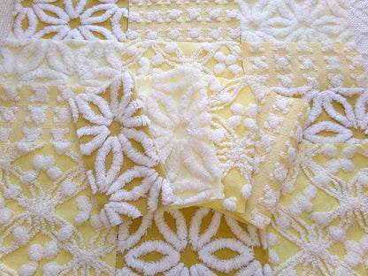 boho sunshine chenille fabric squares, set of 16 vintage quilt blocks 6" ea, natural sunrise yellow, white rosebud, golden harvest daisy