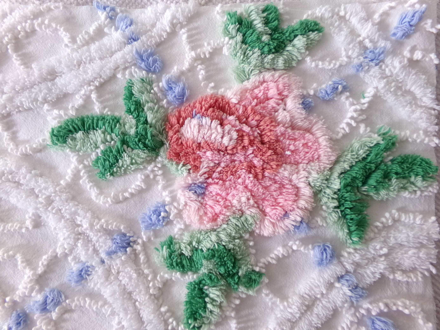 lovely cottage style floral fabric, 25" x 28" inch piece cut from vintage chenille bedspread, pink rose on white geometric loops & blue pops