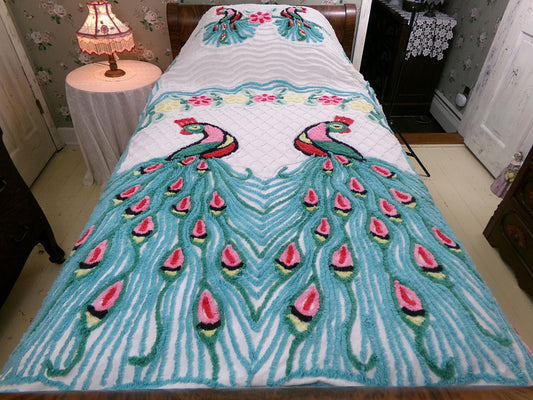 shabby chic peacock vintage chenille bedspread, iconic kitsch lovebird design, white cotton full size bedding