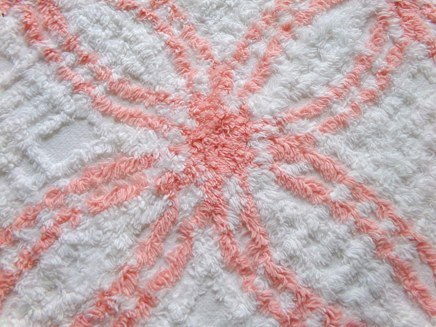 creamsicle peach & white chenille fabric piece, vintage cotton quilt material, wedding ring design, 18" x 23"