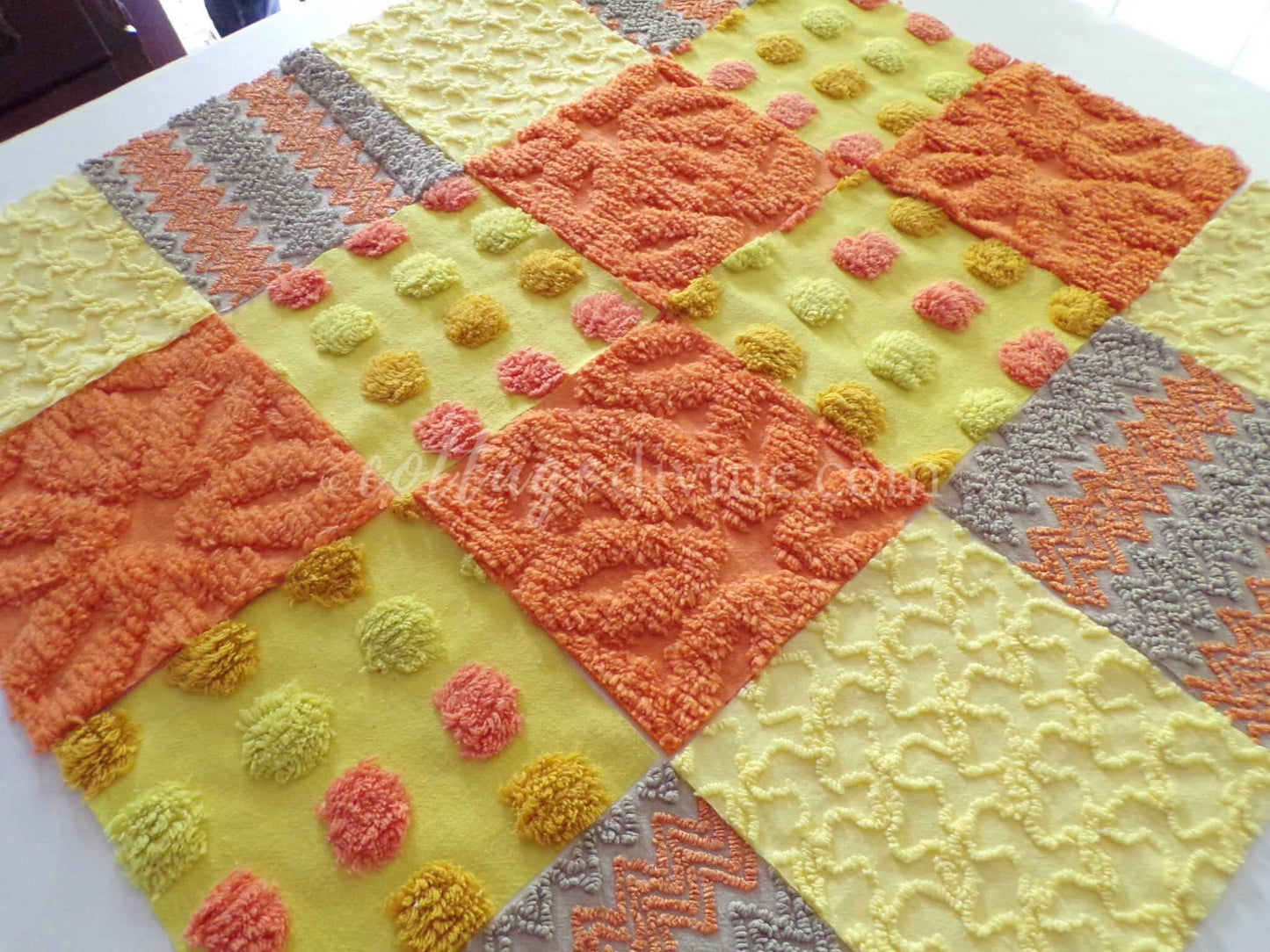 Retro Hippie Quilt Squares Set, from Vintage Chenille Bedspread Fabric, 16 Blocks, 6" x 6" inch