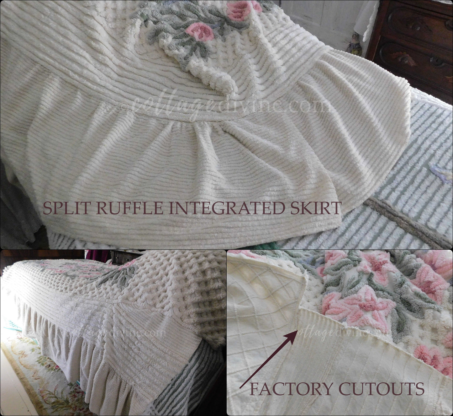 vintage chenille bedspread in a lush garden of pink lilies, buttercream twin size bedding, fitted design with ruffle skirt