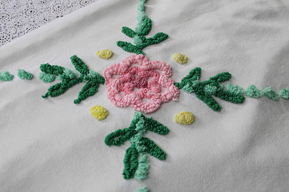simple floral vintage chenille fabric, 32" x 23" cut piece, jadeite & white pops with pink rose flower, lightweight cotton