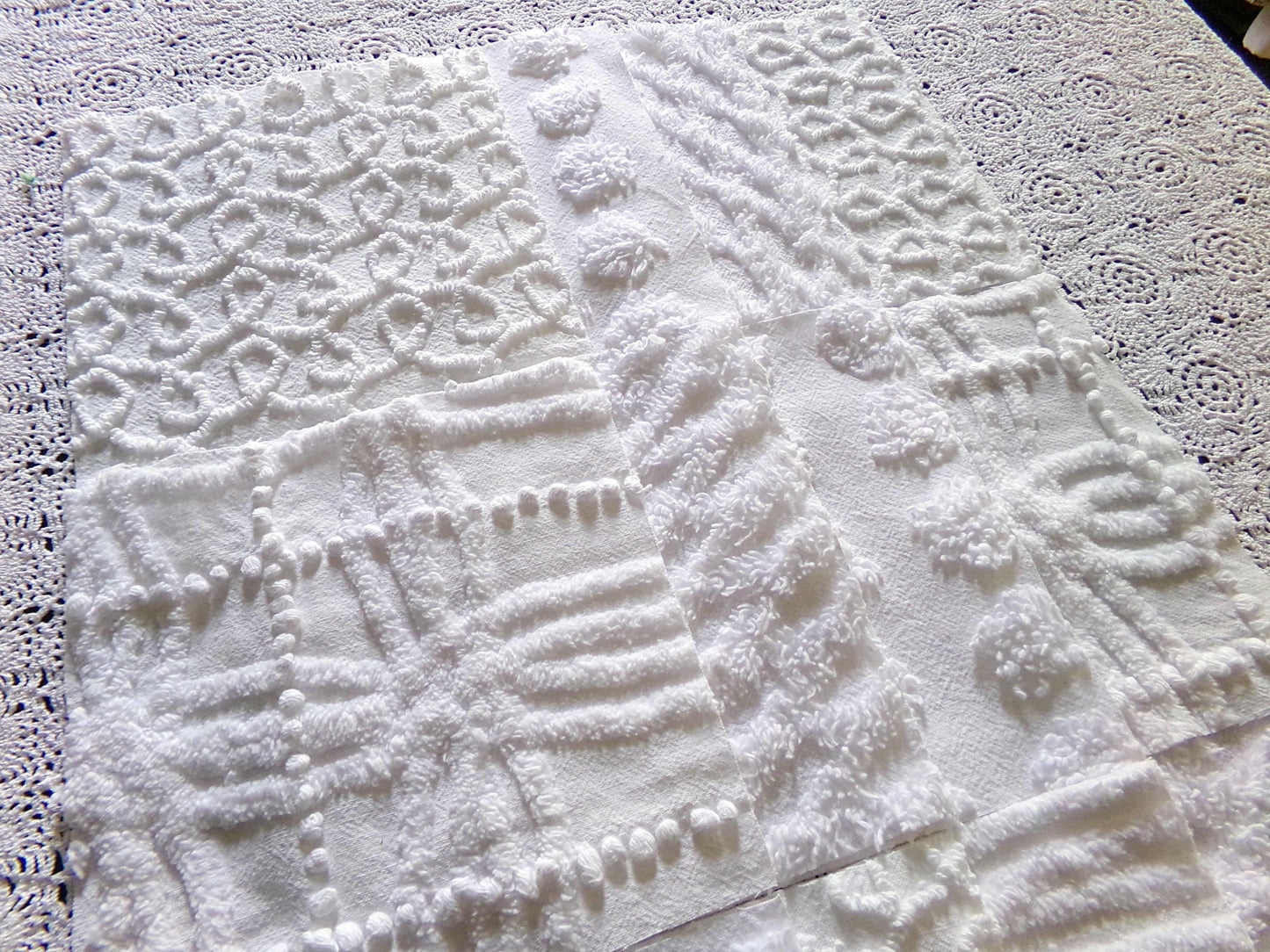Snowy Whites Chenille Quilt Squares Set from Vintage Bedspread Fabric, 17 Blocks 6" x 6" inch, Pops, Squiggles, Lattice & a Daisy