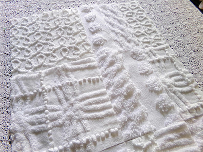 Snowy Whites Chenille Quilt Squares Set from Vintage Bedspread Fabric, 17 Blocks 6" x 6" inch, Pops, Squiggles, Lattice & a Daisy