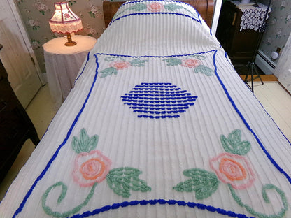 Cottage Style Vintage Chenille Bedspread, Lovely Pink Roses on White Cotton, TWIN Size Summer Coverlet
