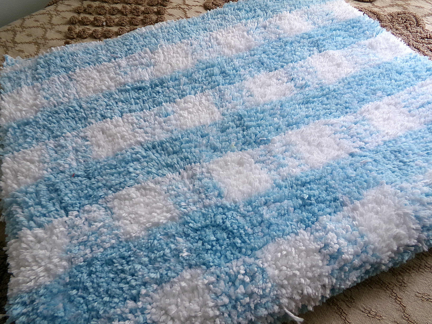Cuddly Vintage Chenille Fabric in Cozy Blue & White Gingham Country Plaid, 18" x 24" inch Piece, Soft Plush Cotton Blend