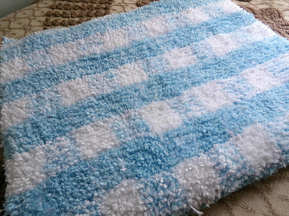 Cuddly Vintage Chenille Fabric in Cozy Blue & White Gingham Country Plaid, 18" x 24" inch Piece, Soft Plush Cotton Blend