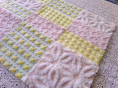 Spring Dance Chenille Quilt Squares, Cheerful Craft Square Set from Vintage Bedspread Fabric, 16 Blocks, 6" x 6" inch, Pink & Yellow