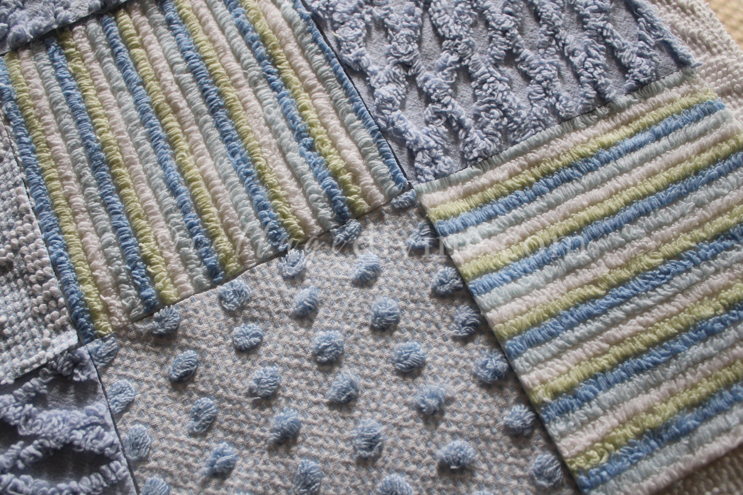 Summer Breeze Chenille Quilt Squares Set, from Vintage Bedspread Fabric, 16 Blocks, 6" inch