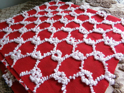 Fabulous Vintage Chenille Bedspread Fabric, Red & White Chain Link Design, 19" x 20" inch Piece, Ultra Lightweight Cotton