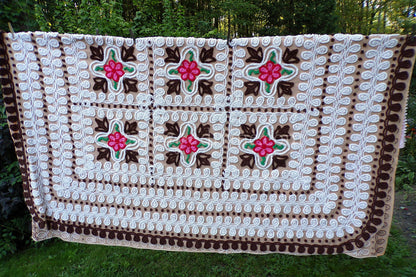 Boho Vintage Chenille Bedspread, Pink Roses on Cocoa Brown, Full Size Cotton Bedding