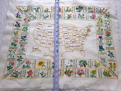 Vintage Embroidery Sampler 50 United States Flowers USA Map Heirloom Piece on 100% Belgian Linen, Paragon Stitchery, Completed, Unframed
