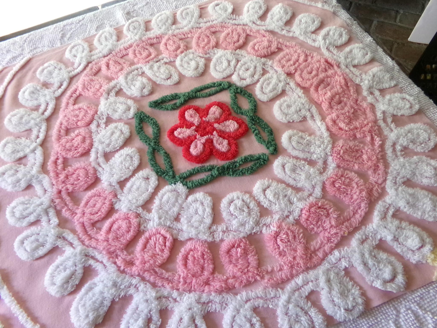frosted pink cupcake vintage chenille fabric, iced wedding cake design with rose flower, 21" x 30" inch piece of sewing material