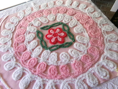 frosted pink cupcake vintage chenille fabric, iced wedding cake design with rose flower, 21" x 30" inch piece of sewing material