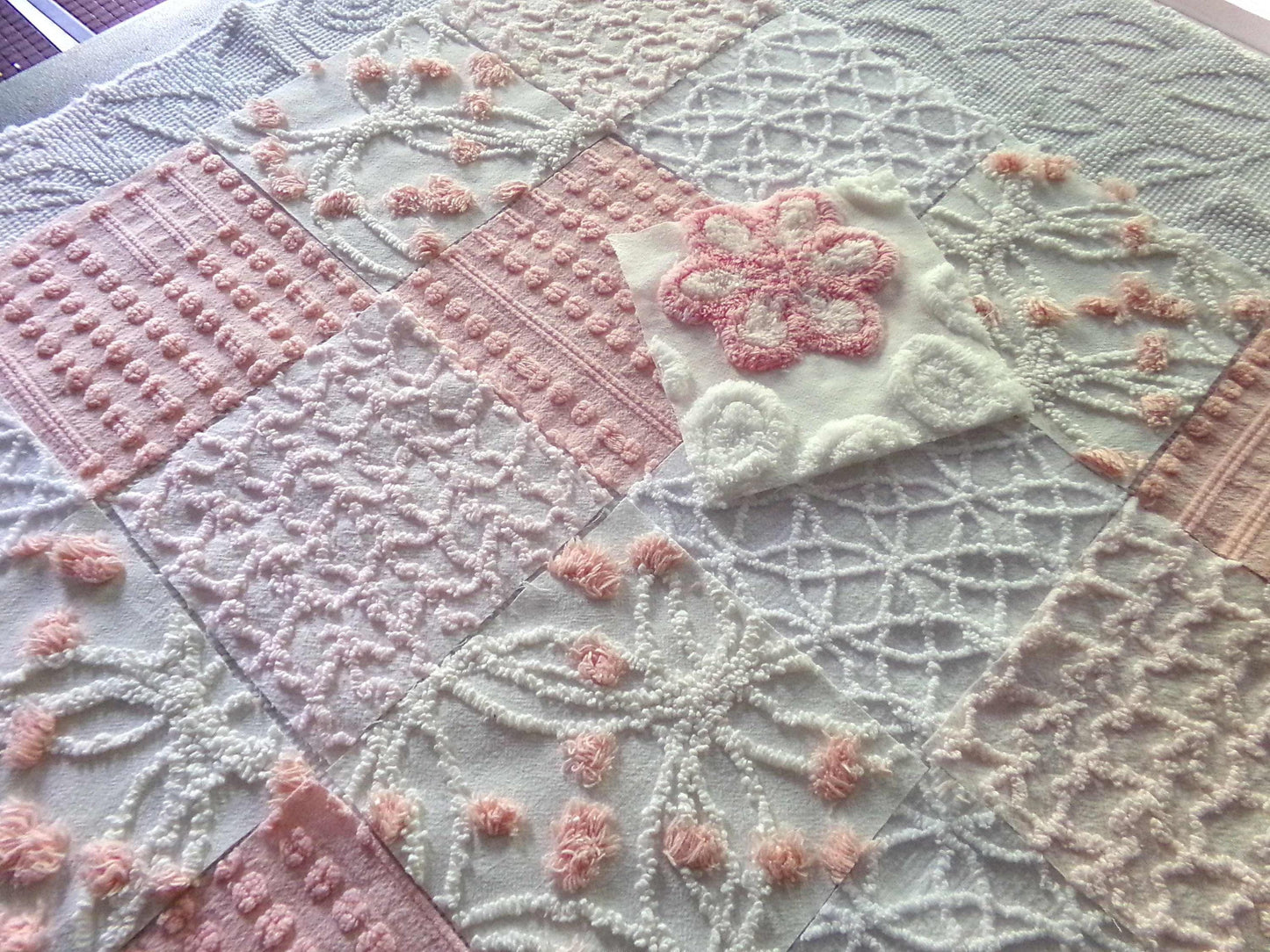 Think Pink Chenille Fabric Squares Set, 17 Vintage Quilt Blocks, 6" inch in Pinks & White