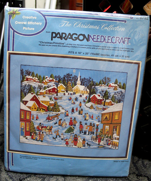 CHRISTMAS PRIMITIVE Vtg Crewel Embroidery Kit Winter Paragon Stitchery 6732