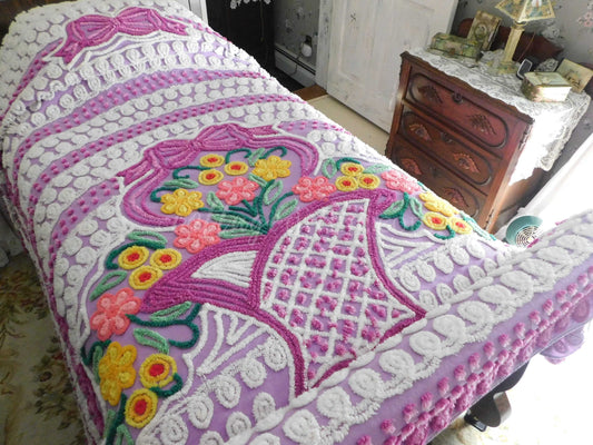 Vintage Chenille Bedspread, Rainbow Flowers in Swirls of Fluffy White Tufts, Full Size 1950s Floral Design, 100% Soft Cotton