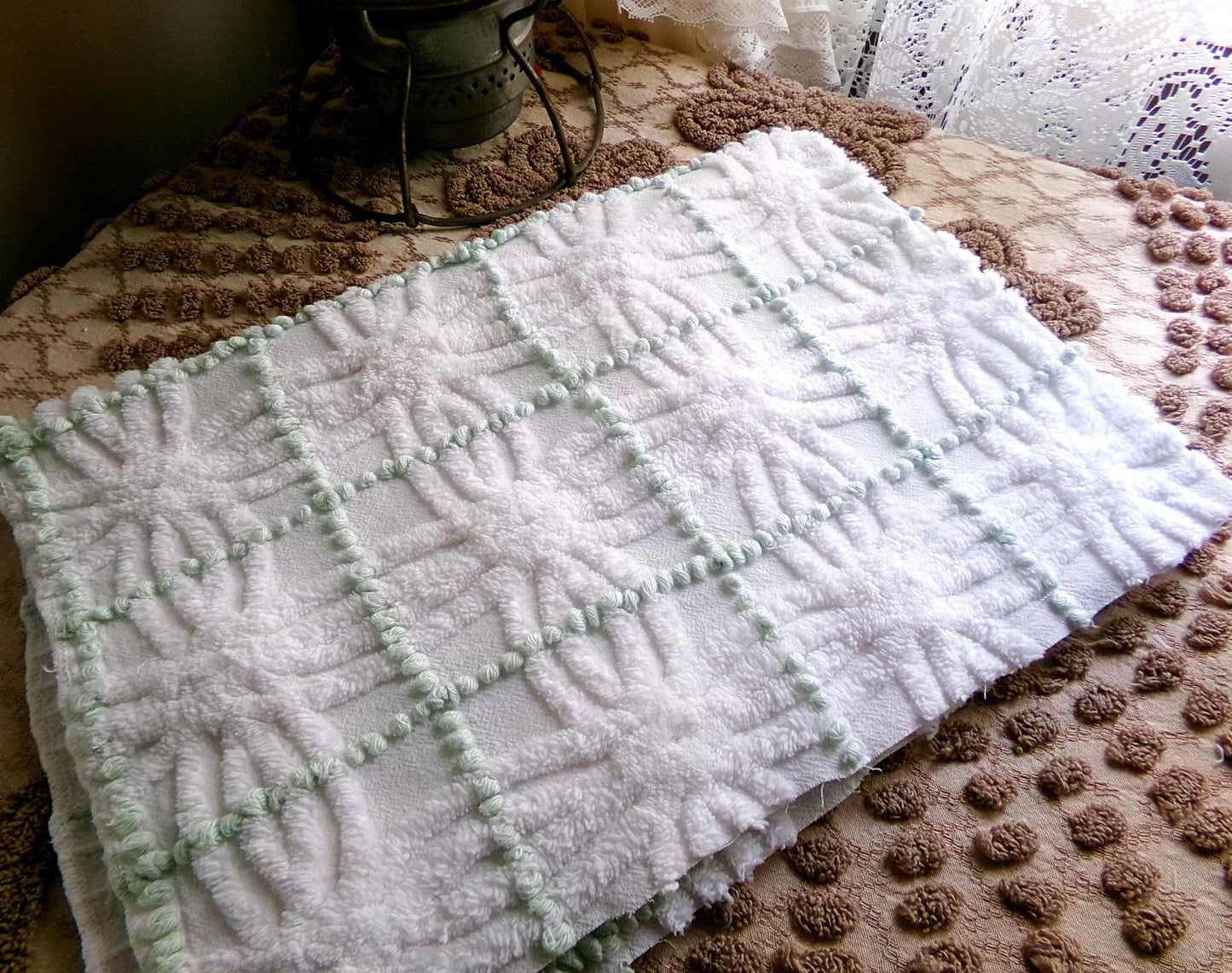 Popular Vintage Chenille Quilt Fabric, Mint Green Pearl Pops & White Spider Rings, 25" x 18" inch Piece