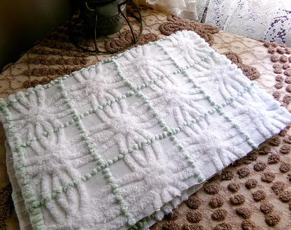 Popular Vintage Chenille Quilt Fabric, Mint Green Pearl Pops & White Spider Rings, 25" x 18" inch Piece
