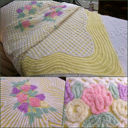 just joyful vintage chenille bedspread in cheery yellow with springtime flowers, full size bedding, 100% quality cotton