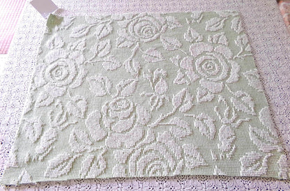Sage Green Creamy White Cabbage Rose Chenille Fabric, 19" x 23" inch Piece, Vintage Fieldcrest Reversible Hobnail Design, Durable & Strong