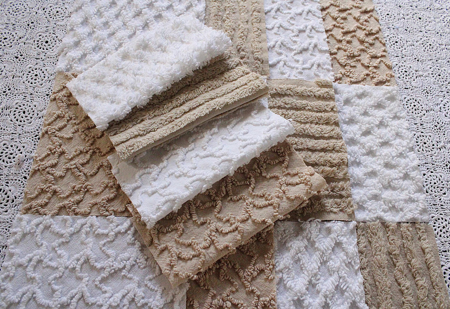 On Trend Neutral Chenille Fabric Squares for Quilting & Crafts in Versatile Sand, Vintage Mocha, White - 16 Rotary Cut Blocks, 6" x 6" inch