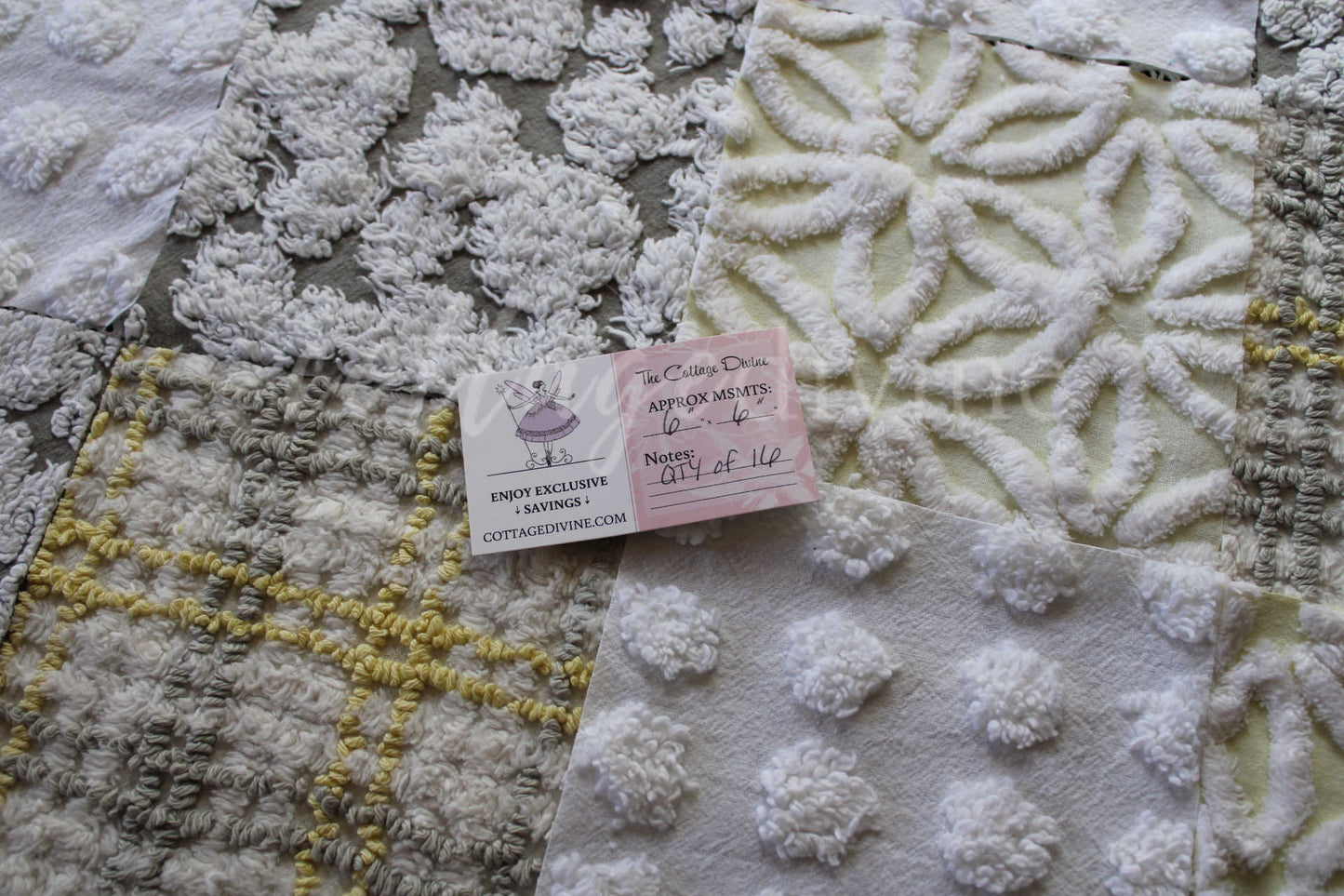 Sun & Clouds Chenille Quilt Squares Set, Rotary Cut from Vintage Chenille Bedspread Fabric, 17 Blocks, 6" x 6" inch each