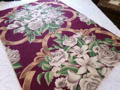Shabby Vintage Barkcloth STYLE Cotton Fabric, Golden Beige Roses & Lilies on Rich Maroon Wine 21" x 30", Deconstructed Curtain Panel