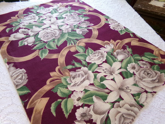 Shabby Vintage Barkcloth STYLE Cotton Fabric, Golden Beige Roses & Lilies on Rich Maroon Wine 21" x 30", Deconstructed Curtain Panel