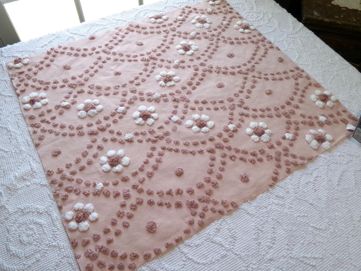 Boho Clamshell Daisy Vintage Chenille Fabric, 23" x 20" cut piece, 100% Cotton Handmade Hippie Daisies Design