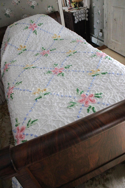 Shabby Chic Vintage Style Chenille Bedspread, Pink & Yellow Flower Design, Full Size White Cotton Bedding With Accent Fringe