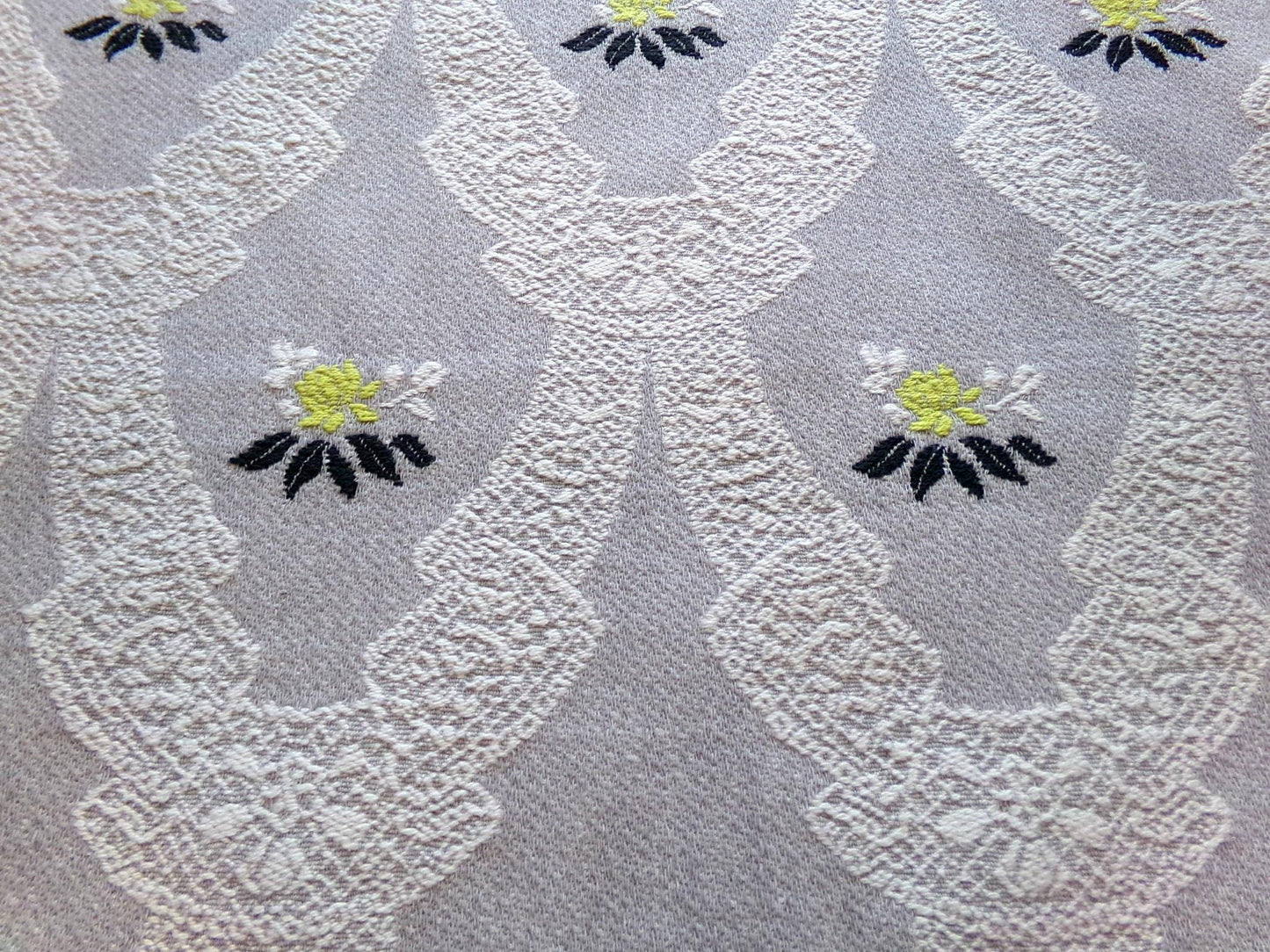starlight silver swag vintage woven fabric piece, white lace designs, cool grey, chartreuse rose florals, reversible Bates design, 22" x 27"