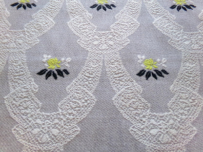 starlight silver swag vintage woven fabric piece, white lace designs, cool grey, chartreuse rose florals, reversible Bates design, 22" x 27"