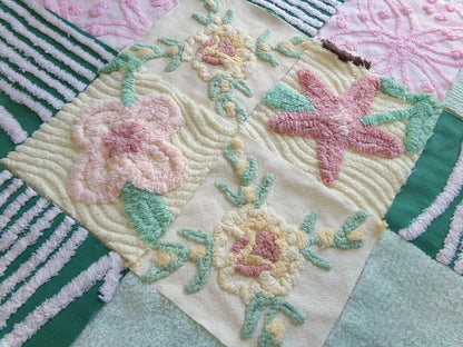 enchanted forest chenille fabric squares, set of 16 vintage craft quilt blocks 6" inches ea, yellow, green, pink & floral patterns
