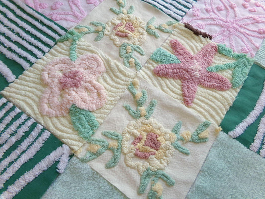 enchanted forest chenille fabric squares, set of 16 vintage craft quilt blocks 6" inches ea, yellow, green, pink & floral patterns