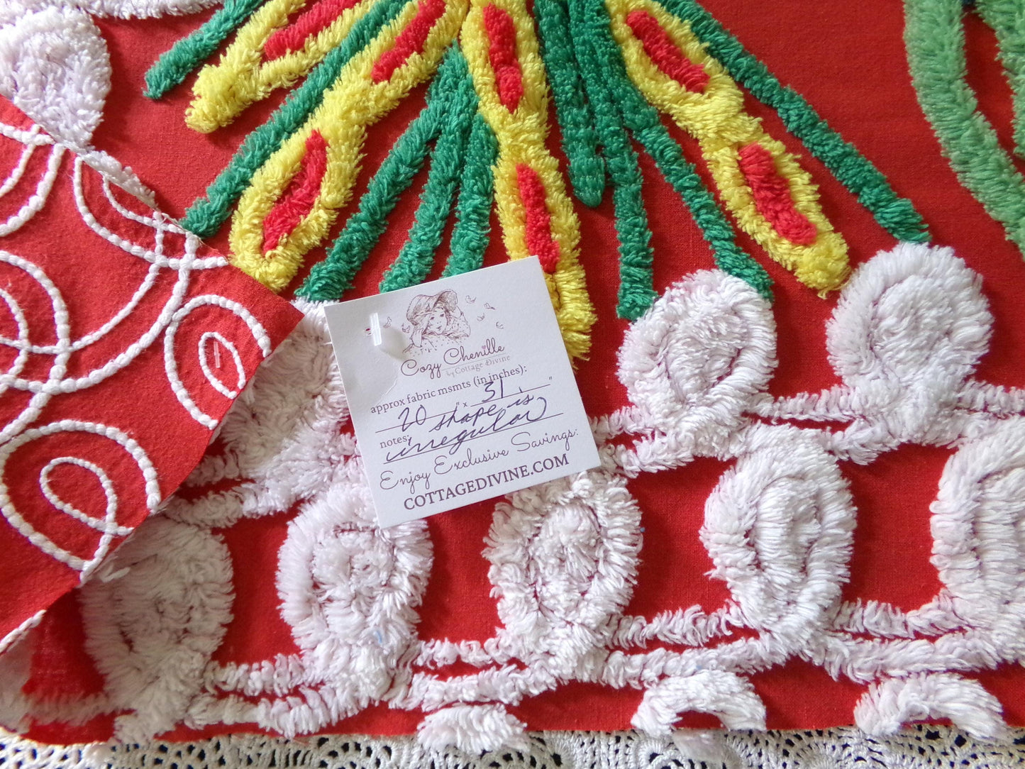 Vintage Peacock Chenille Bedspread Fabric, Pair of Lovebirds on Vivid Red & White Curlicues, 31" x 20" inch Piece, 100% Cotton