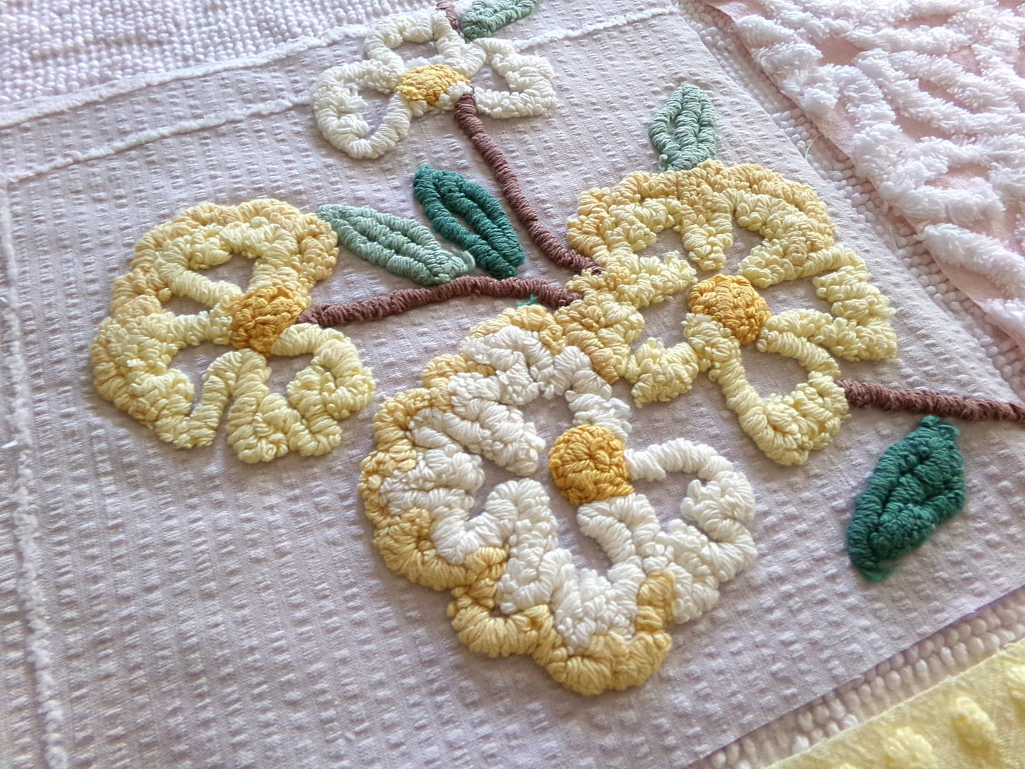 chenille fabric squares, set of 6 big 9.5" square quilt blocks from vintage chenille bedspreads, dainty daisy, pink rosebud, floral, dots