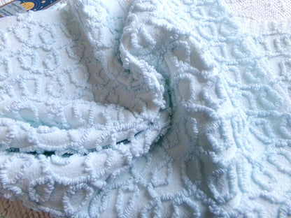blue curly loops vintage chenille fabric, texturized unique needletuft pattern, 18" x 24" piece for quilts, fiber arts, sewing