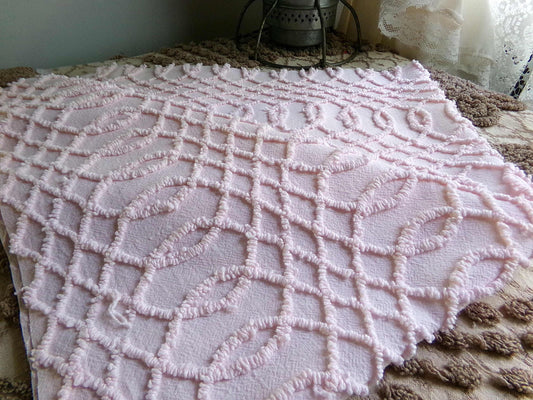 Chic Pink Eternity Links Vintage Chenille Fabric, 18" x 25" inch piece, Delicate Needletuft Design