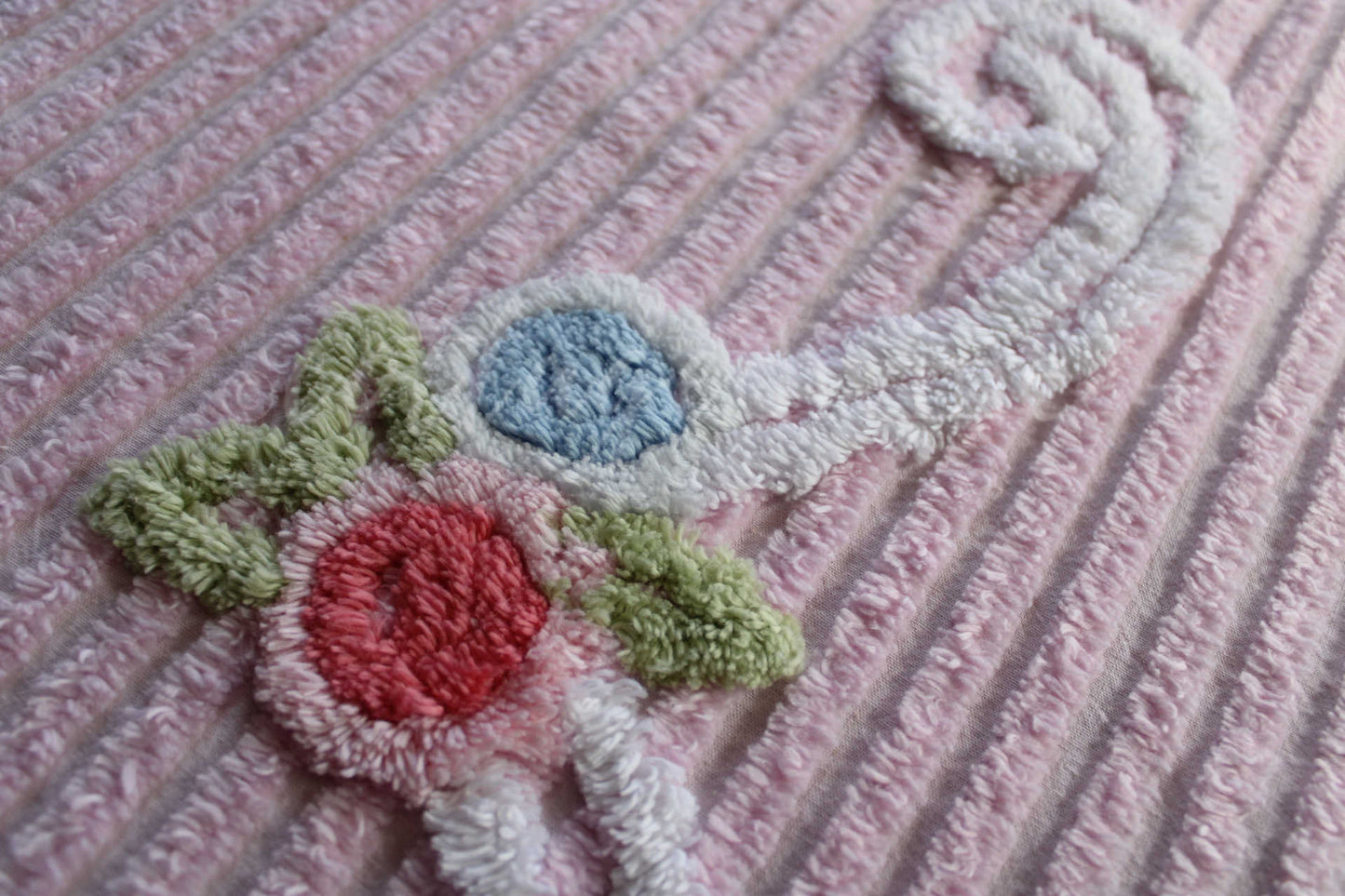 Simple Pink Floral Scroll Vintage White Chenille Fabric, 26" x 17" inch Piece, Great for Pillow Front