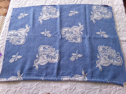romantic coastal style vintage woven fabric, white & blue bridal floral bouquets, reversible 20" x 27" inch piece of shabby sewing material