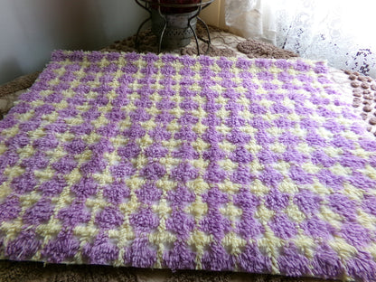 Happy Yellow & Purple Plaid Vintage Chenille Quilt Fabric, 25" x 21" inch Piece, 100% Soft Cotton Blend