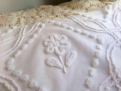 White Vintage Chenille Fabric, 24" x 26" Piece, Versatile Cottage Style Daisy Tulip Design, 100% Lightweight Cotton Quilt Material