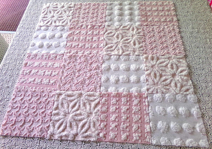 Whispertone Pink Quilt Squares Set from Vintage Chenille Bedspread Fabric, 16 Blocks, 6" x 6" inch